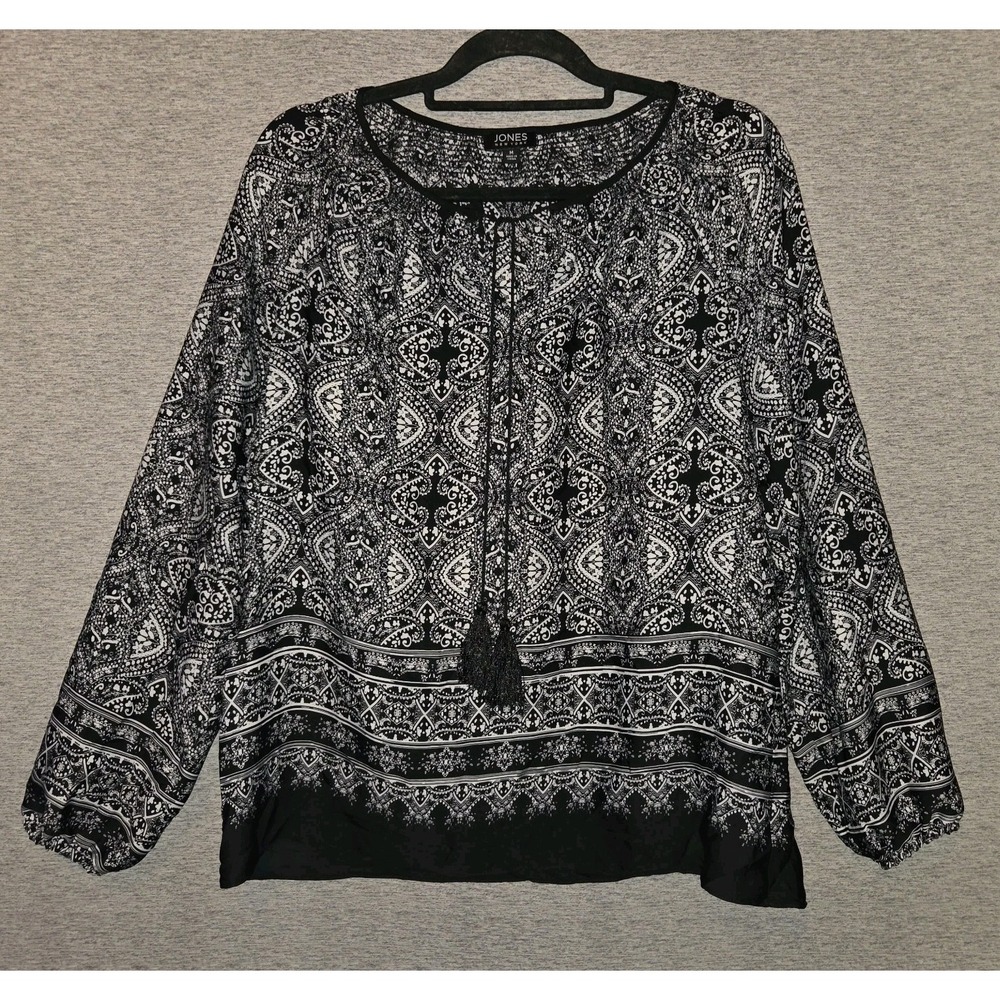 Jones New York Tasselled Blouse Long Sleeve Top Women's Medium Black Geometric